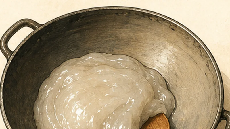 ภาพวาดการปรุงบะหว่านจางฮว่า ขั้นตอนที่ 3: นวดแป้งมันหวาน