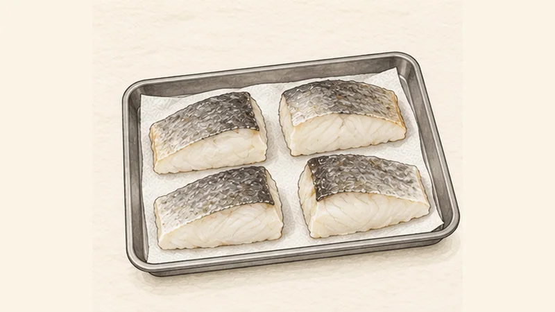 바칼라오 알 필필 1단계 '염대구 36시간 염분 빼기'를 보여 주는 조리 삽화.