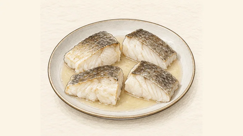 바칼라오 알 필필 3단계 '대구 부드럽게 포칭하기'를 보여 주는 조리 삽화.