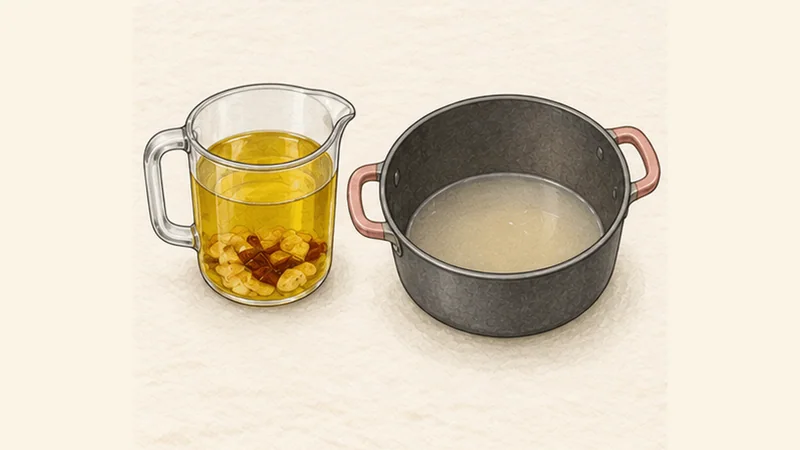 바칼라오 알 필필 4단계 '유화용으로 기름 식히기'를 보여 주는 조리 삽화.