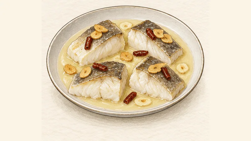 바칼라오 알 필필 6단계 '완성 소스에서 대구 데우기'를 보여 주는 조리 삽화.