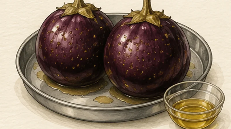 ภาพวาดการปรุงไบแกนภาร์ตา ขั้นตอนที่ 1: ตรวจและทาน้ำมันมะเขือ