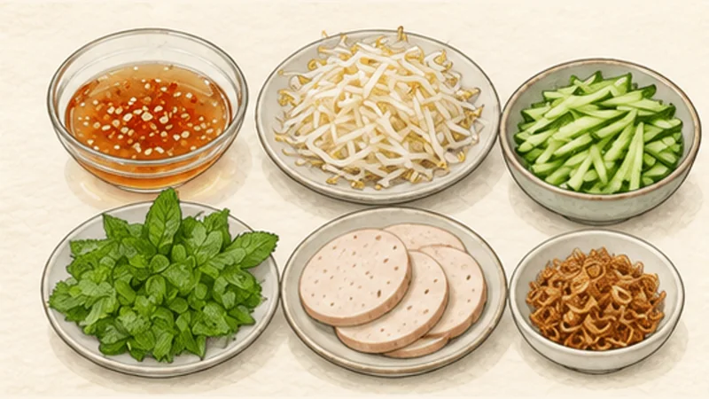 ภาพวาดการปรุงบั๋นก๊วน — แป้งนึ่งไส้หมูเห็ด ขั้นตอนที่ 3: เตรียมน้ำจิ้มและเครื่องเคียง