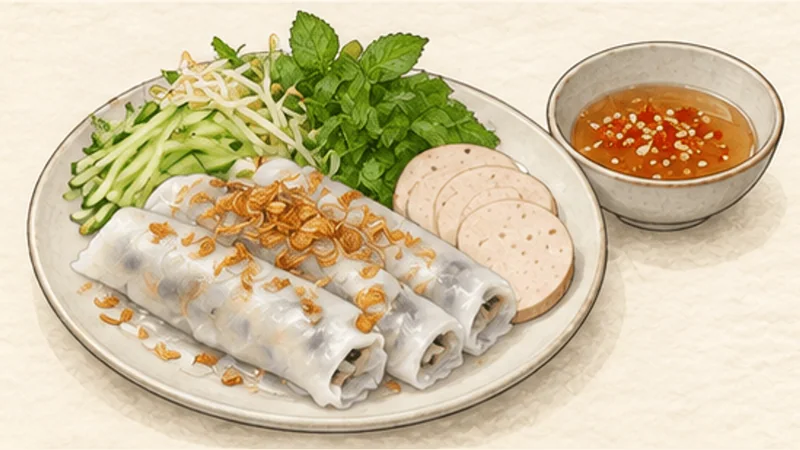ภาพวาดการปรุงบั๋นก๊วน — แป้งนึ่งไส้หมูเห็ด ขั้นตอนที่ 7: โรยหอมเจียวและสมุนไพร
