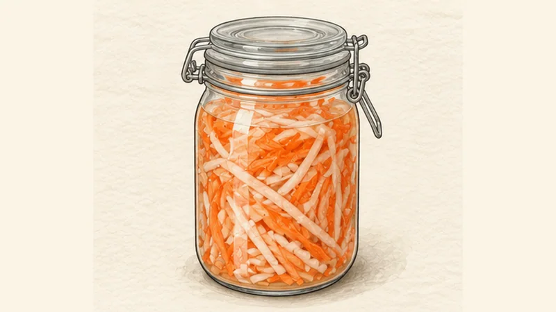ภาพวาดการปรุงบั๋นหมี่ถิต — บาแก็ตหมูยอและปาเต ขั้นตอนที่ 2: ดองเปรี้ยวหวาน