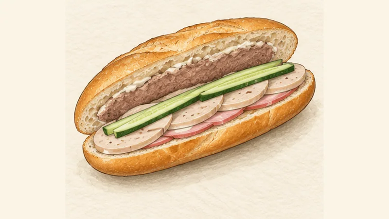 ภาพวาดการปรุงบั๋นหมี่ถิต — บาแก็ตหมูยอและปาเต ขั้นตอนที่ 5: ทาซอสและวางเนื้อ