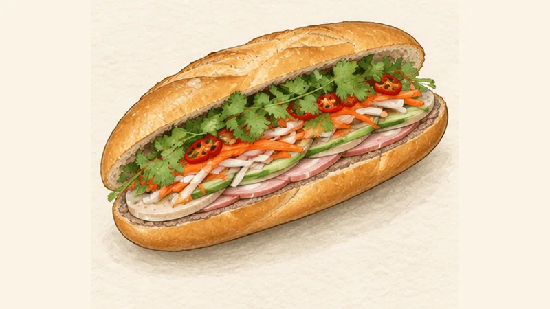 ภาพวาดการปรุงบั๋นหมี่ถิต — บาแก็ตหมูยอและปาเต ขั้นตอนที่ 6: ใส่ผักดองและสมุนไพร