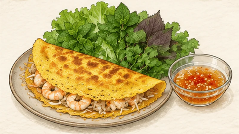 반쎄오 — 돼지고기 새우 크레페 8단계 '반복해 바삭할 때 먹기'를 보여 주는 조리 삽화.