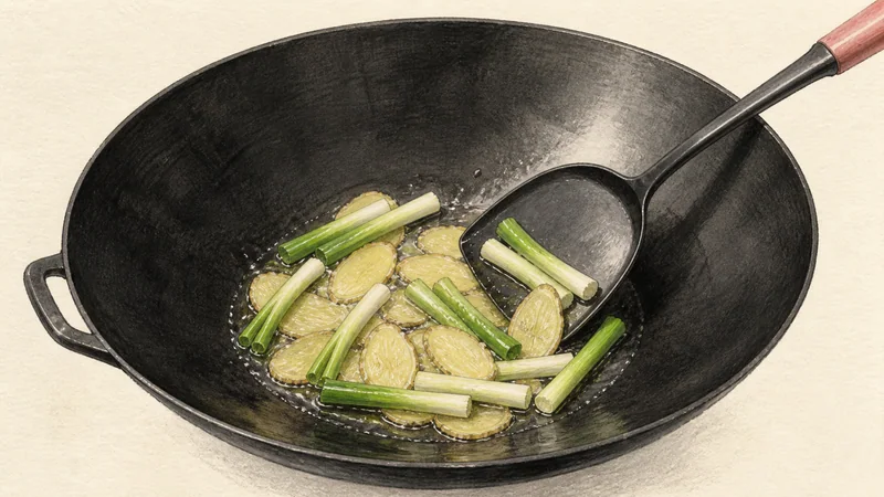 Dry-fried beef chow fun, step 4: Bloom ginger and scallion.