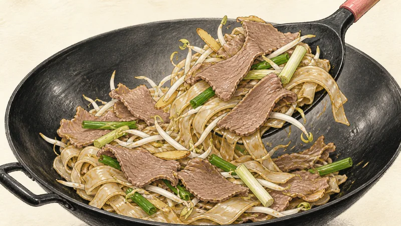 Dry-fried beef chow fun, step 7: Return beef and sprouts.