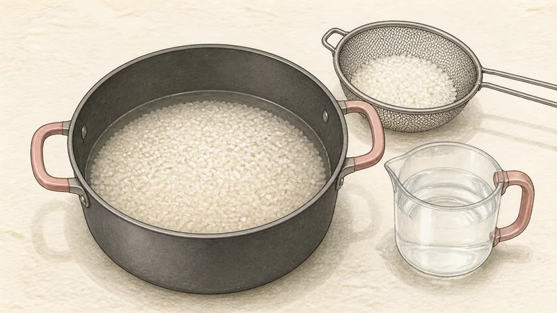 채소 비빔밥 1단계 '쌀 씻어 불리기'를 보여 주는 조리 삽화.