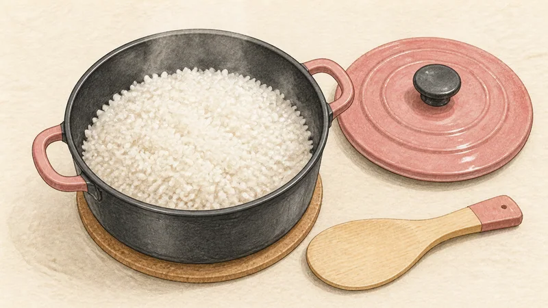 채소 비빔밥 2단계 '밥 짓고 뜸 들이기'를 보여 주는 조리 삽화.