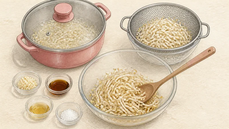 채소 비빔밥 4단계 '콩나물 익혀 무치기'를 보여 주는 조리 삽화.