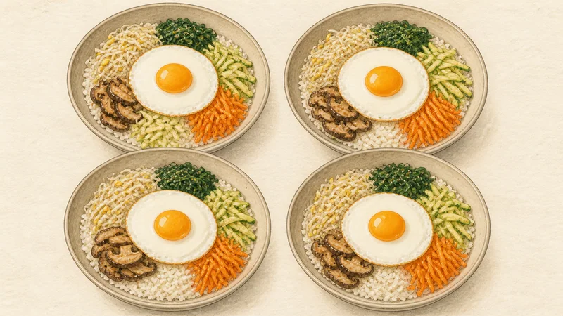채소 비빔밥 10단계 '다섯 가지 나물 담기'를 보여 주는 조리 삽화.
