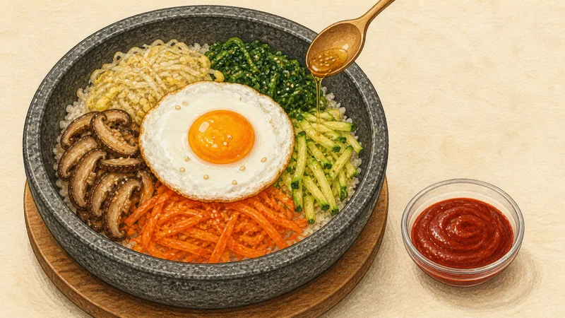 채소 비빔밥 11단계 '양념 넣어 비벼 내기'를 보여 주는 조리 삽화.