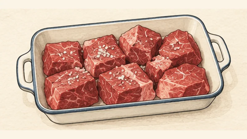 비리아 데 레스 1단계 '소고기 밑간하기'를 보여 주는 조리 삽화.