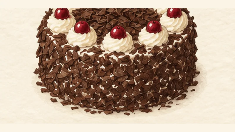 シュヴァルツヴェルダー・キルシュトルテの手順11「チョコレートとチェリーを飾る」を示す調理イラスト。