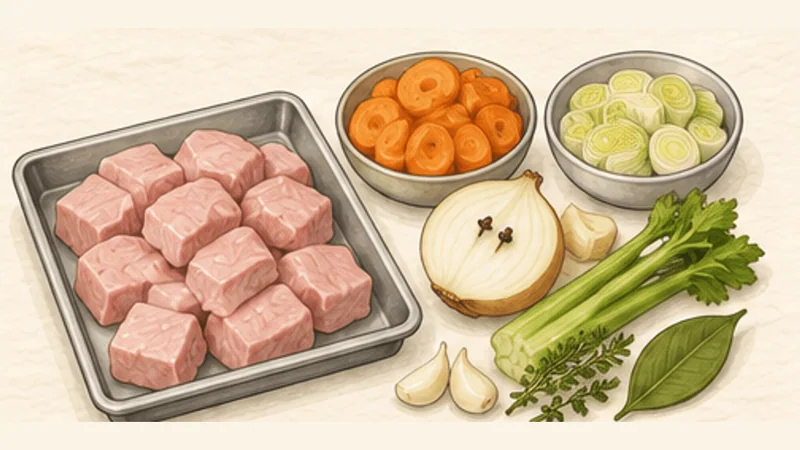 ブランケット・ド・ヴォーの手順1「肉と香味野菜を準備する」を示す調理イラスト。