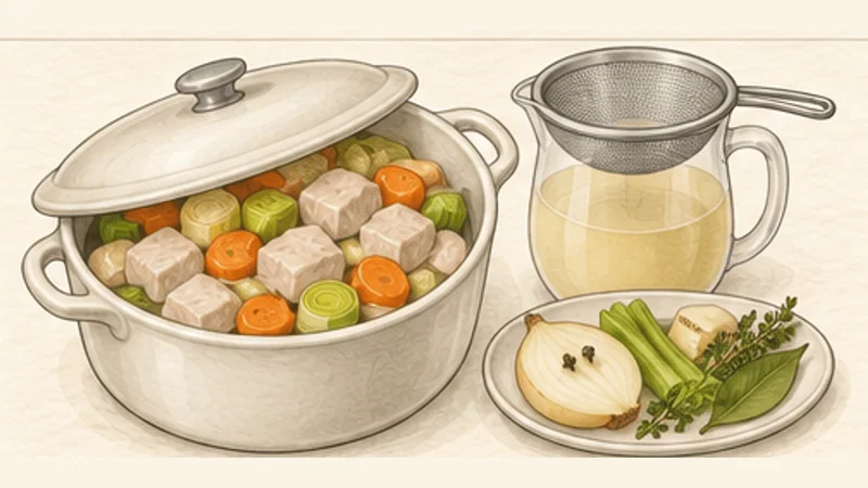 ブランケット・ド・ヴォーの手順5「煮汁をこす」を示す調理イラスト。