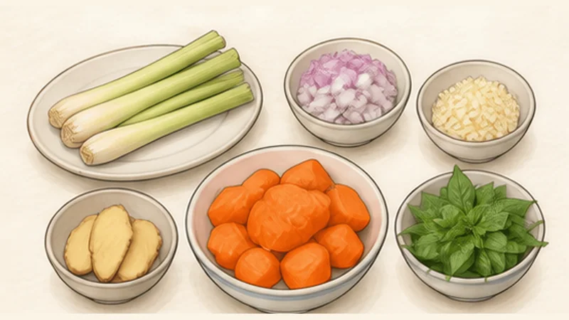 ボー・コー(牛肉のレモングラス煮込み)の手順2「香味野菜を準備する」を示す調理イラスト。