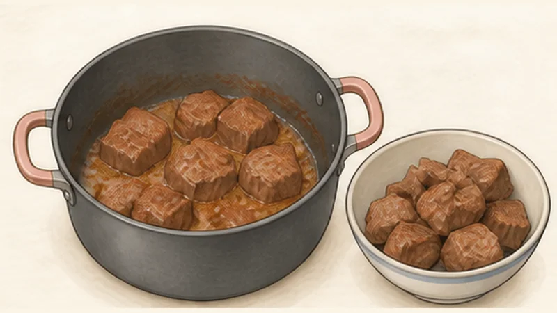 ボー・コー(牛肉のレモングラス煮込み)の手順3「牛肉を分けて焼く」を示す調理イラスト。