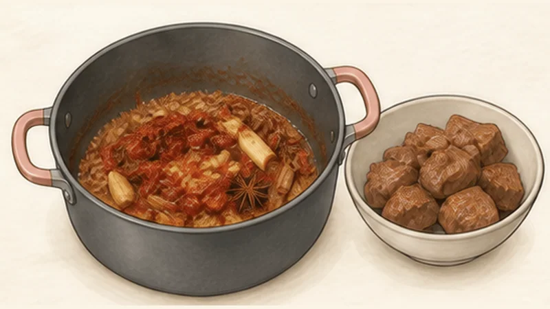 ボー・コー(牛肉のレモングラス煮込み)の手順4「香辛料とトマトを炒める」を示す調理イラスト。