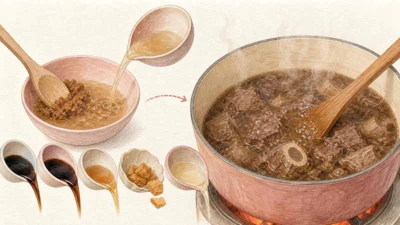소고기 보트 누들 5단계 '간하고 천천히 끓이기'를 보여 주는 조리 삽화.