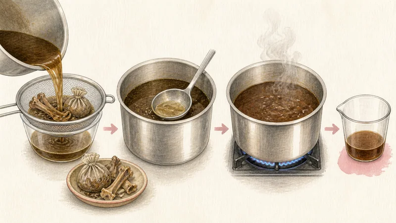 소고기 보트 누들 7단계 '어두운 육수 거르고 졸이기'를 보여 주는 조리 삽화.