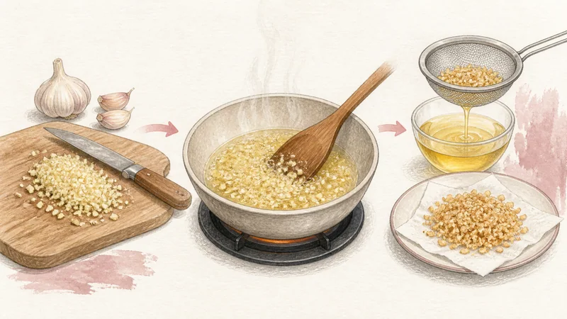 소고기 보트 누들 8단계 '바삭한 마늘기름 만들기'를 보여 주는 조리 삽화.