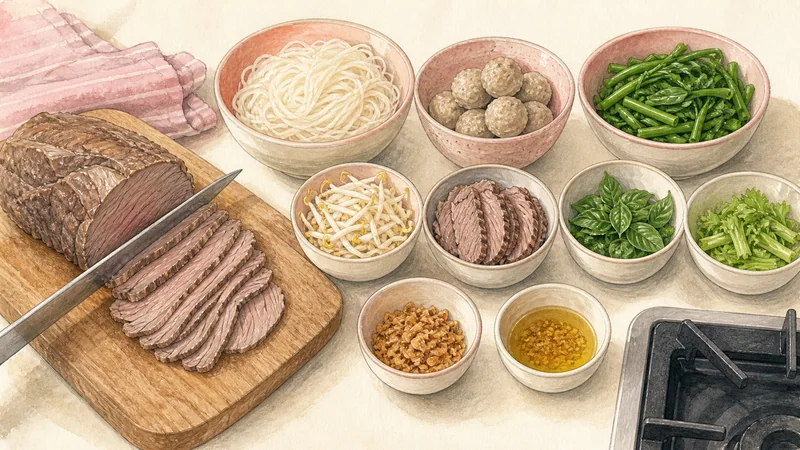 소고기 보트 누들 11단계 '소고기 썰어 여덟 그릇 준비'를 보여 주는 조리 삽화.