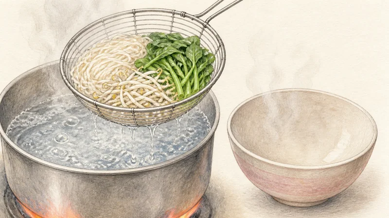 소고기 보트 누들 12단계 '면과 채소 한 그릇씩 데치기'를 보여 주는 조리 삽화.