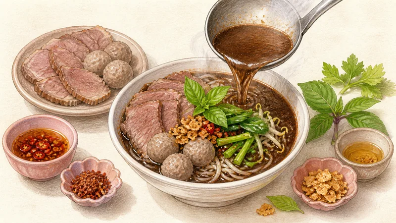 소고기 보트 누들 14단계 '작고 진한 그릇 완성하기'를 보여 주는 조리 삽화.