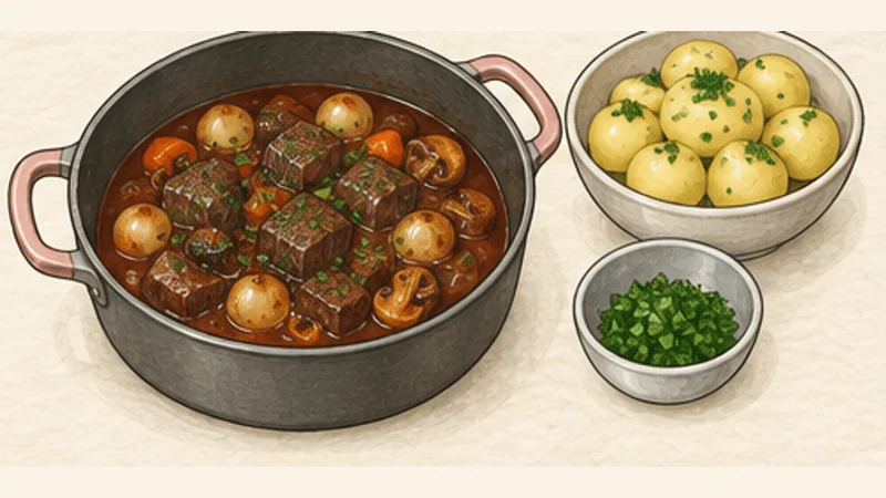 뵈프 부르기뇽 10단계 '쉬었다 감자와 담기'를 보여 주는 조리 삽화.