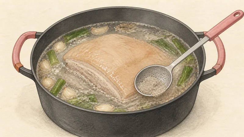 보쌈과 무생채 7단계 '끓는 물에 고기 넣기'를 보여 주는 조리 삽화.