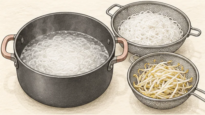 ภาพวาดการปรุงบุ๋นบ่อนัมโบ๋ — ยำเส้นข้าวเนื้อ ขั้นตอนที่ 4: ต้มเส้นและถั่วงอก