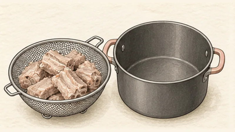 蟹とトマトの米麺スープの手順1「スペアリブを下ゆでする」を示す調理イラスト。