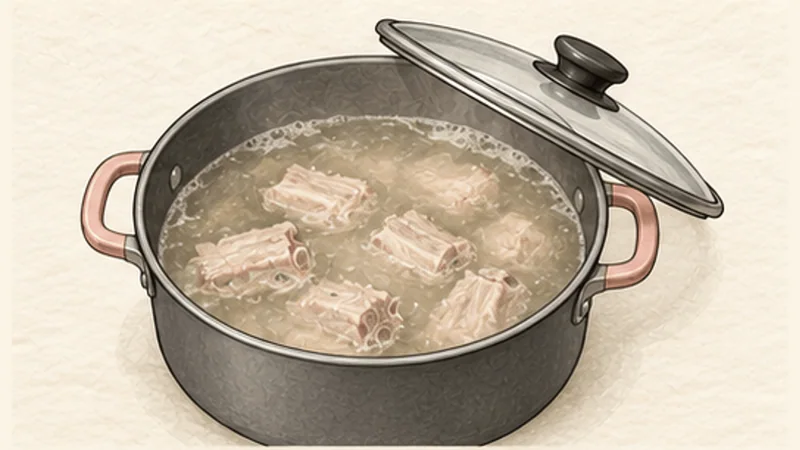 蟹とトマトの米麺スープの手順2「豚のだしを取る」を示す調理イラスト。