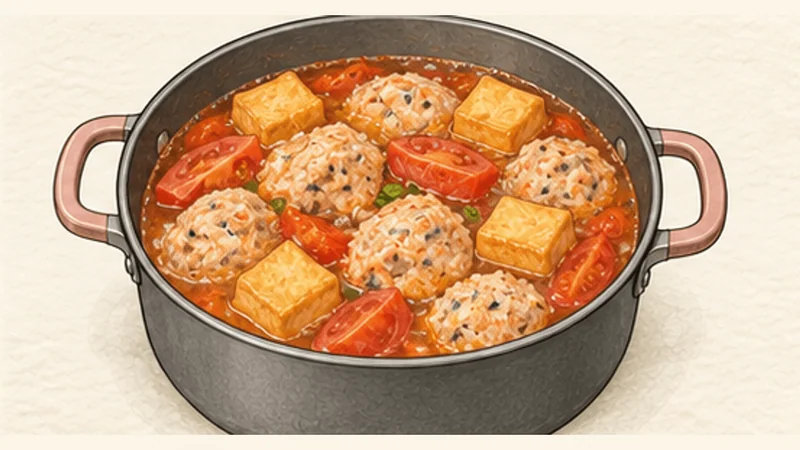 蟹とトマトの米麺スープの手順6「豆腐と調味料を加える」を示す調理イラスト。