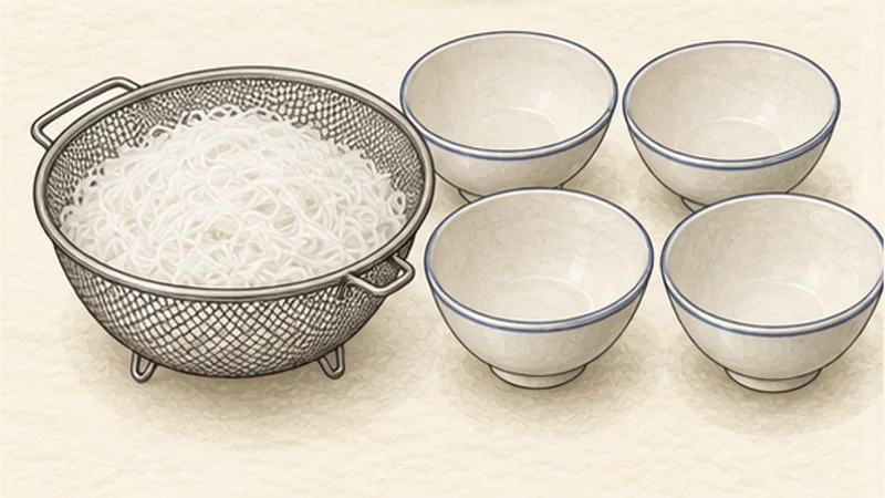 蟹とトマトの米麺スープの手順7「細い米麺をゆでる」を示す調理イラスト。
