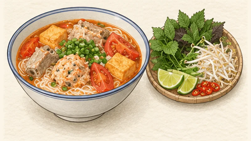 蟹とトマトの米麺スープの手順9「つみれを崩さず盛る」を示す調理イラスト。