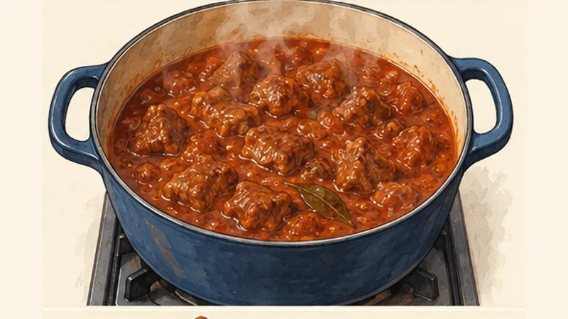 더반식 양고기 버니 차우 3단계 '토마토 카레 만들기'를 보여 주는 조리 삽화.
