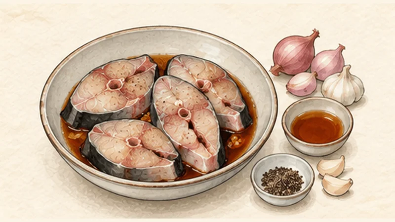 까 코 또 — 캐러멜 생선조림 1단계 '생선 밑간'를 보여 주는 조리 삽화.