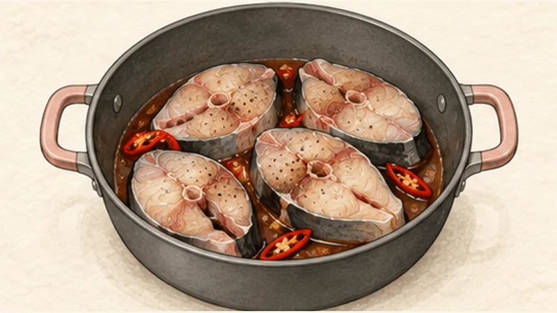 까 코 또 — 캐러멜 생선조림 4단계 '생선 한 겹 놓기'를 보여 주는 조리 삽화.