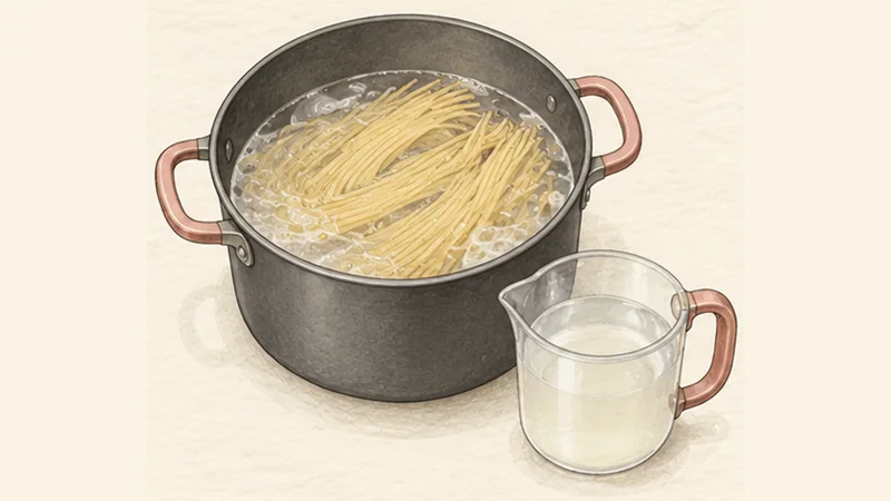 カチョ・エ・ペペの手順2「パスタを硬めにゆでる」を示す調理イラスト。