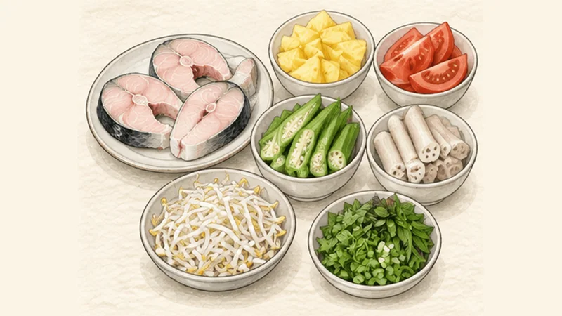 까인 쭈아 까 — 새콤달콤 생선국 2단계 '생선과 채소 준비'를 보여 주는 조리 삽화.
