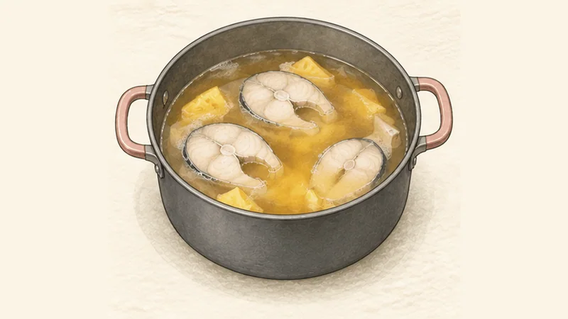 까인 쭈아 까 — 새콤달콤 생선국 4단계 '새콤달콤 국물 만들기'를 보여 주는 조리 삽화.
