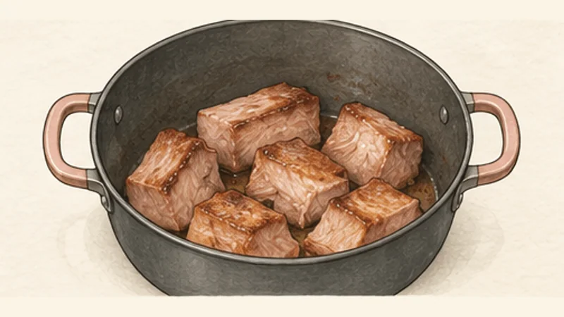 カルニータスの手順3「豚肉を軽く焼く」を示す調理イラスト。