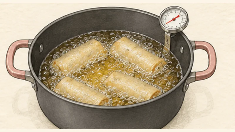 Chả Giò — Crispy Spring Rolls, step 5: First fry to cook the centre.