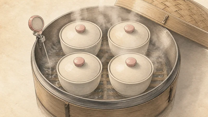 버섯과 미쓰바 차완무시 6단계 '약한 증기로 찌기'를 보여 주는 조리 삽화.
