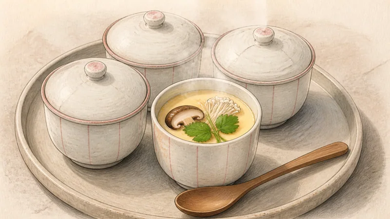 버섯과 미쓰바 차완무시 8단계 '쉬었다가 따뜻하게 내기'를 보여 주는 조리 삽화.